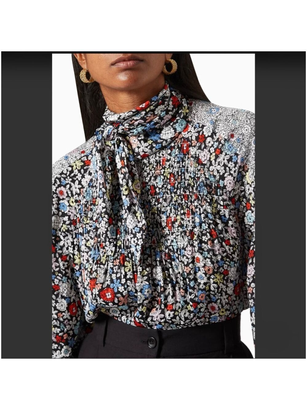 See By Chloé Floral Smocked High Neck Blouse Black White Size 36